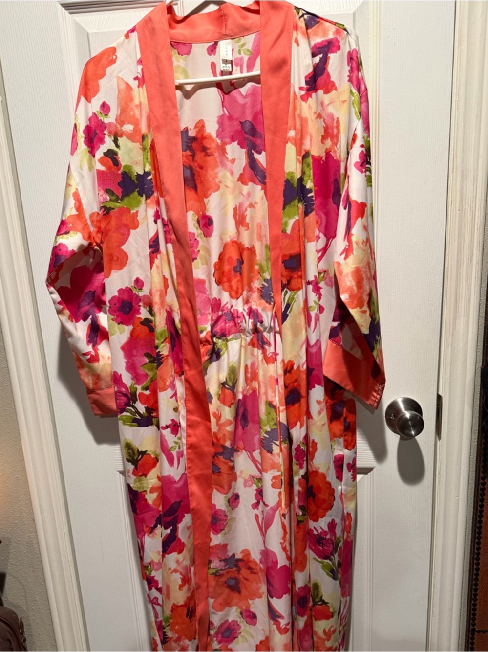 Floral Satin Robe with Coral Trim - Women's Intimates & Sleepwear